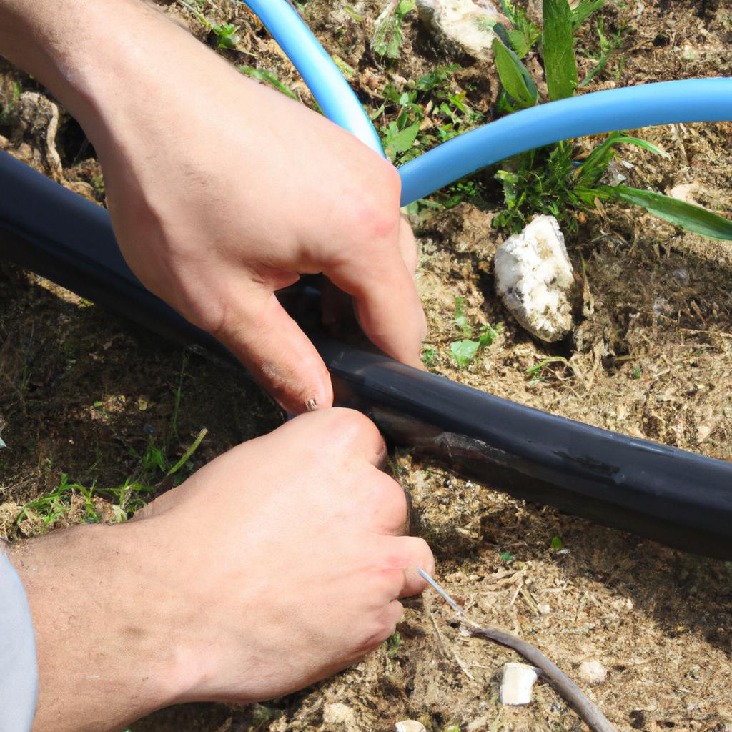 Person connecting drip irrigation system