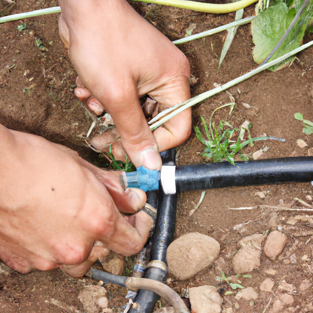 Person installing drip irrigation fittings