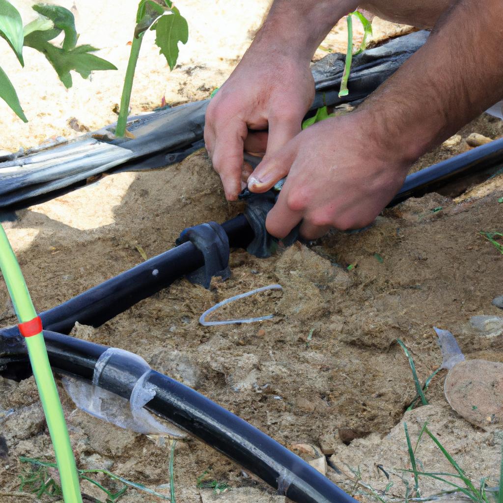 Person installing drip irrigation system