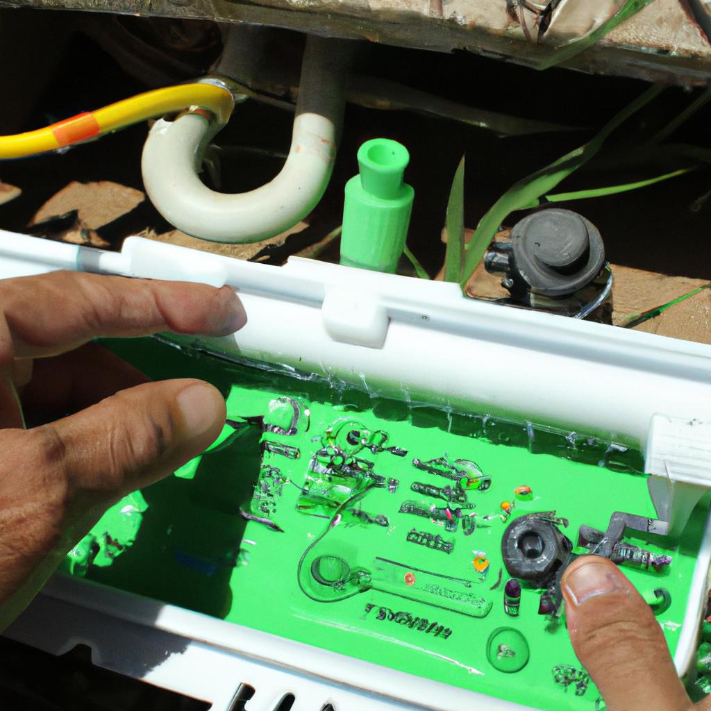 Person inspecting irrigation controller components