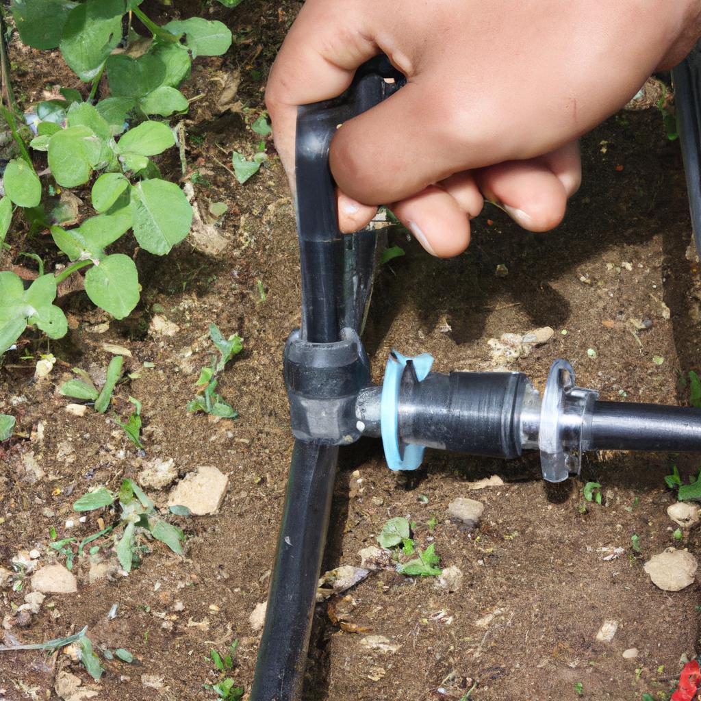 Person adjusting drip irrigation system