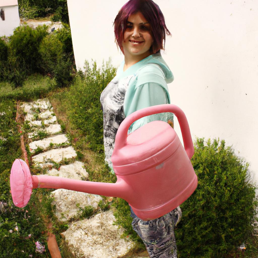 Person holding watering can, smiling