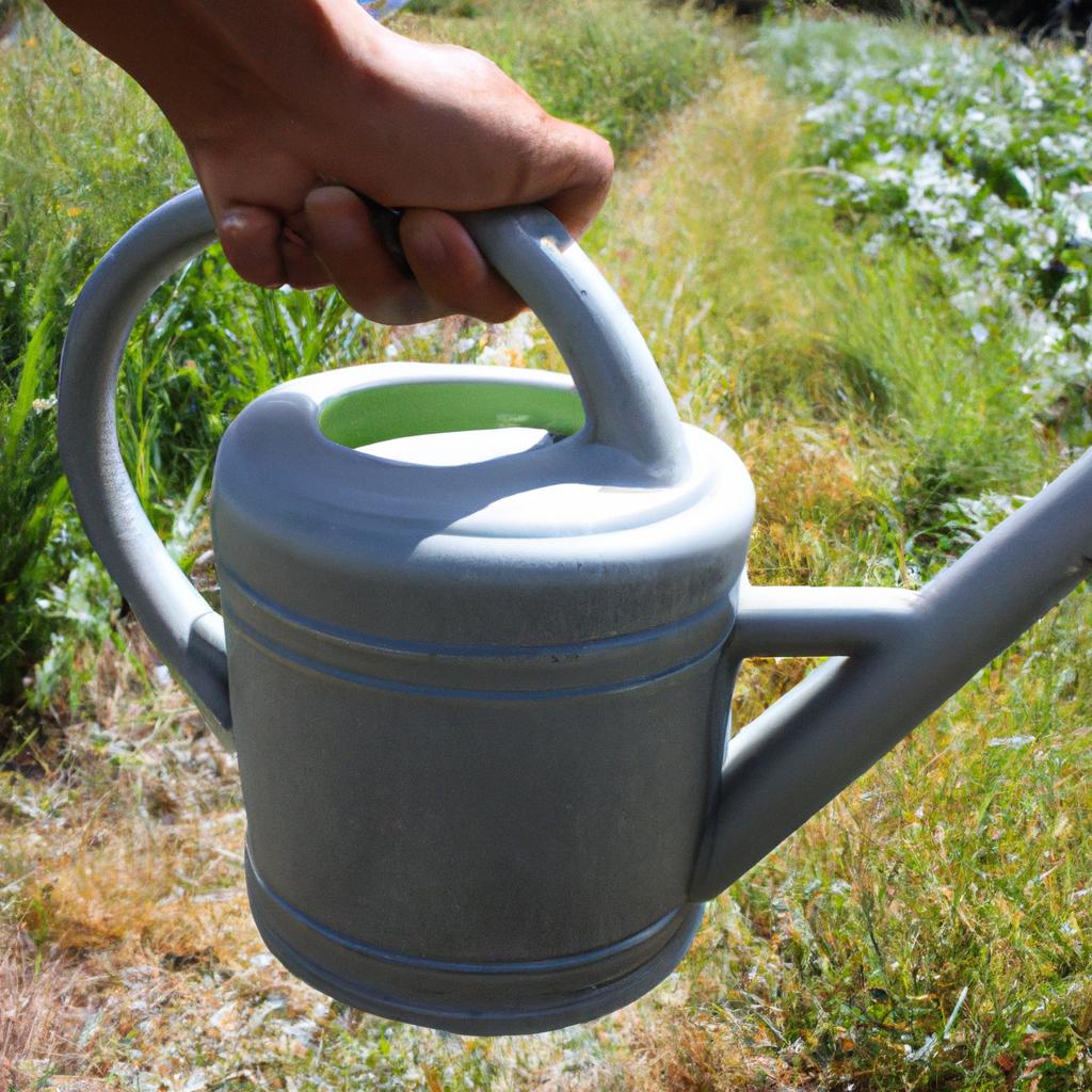 Person holding watering can, irrigating
